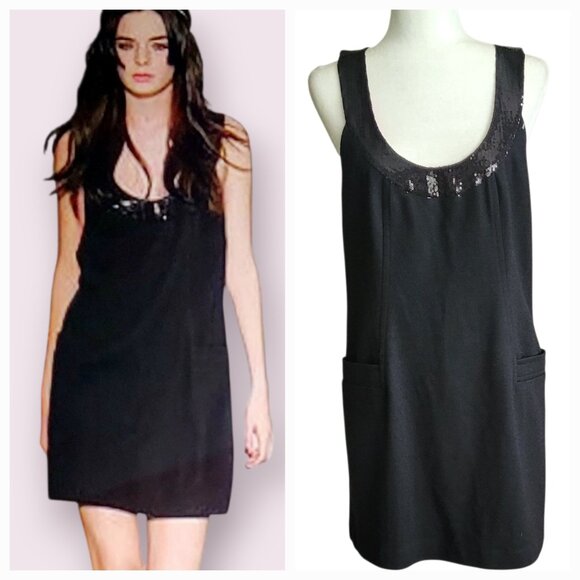 Charlotte Ronson Black Soft Wool Blend Mini Dress with Sequin Detail and Pockets - Picture 8 of 12